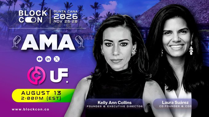 A promotional graphic for a BlockCo AMA event at Punta Cana 2026 (Nov 25-28) on August 13 at 2:00 PM (EST), featuring Kelly Ann Collins (Founder & Executive Director) and Laura Suárez (Co-Founder & COO), sponsored by UF.