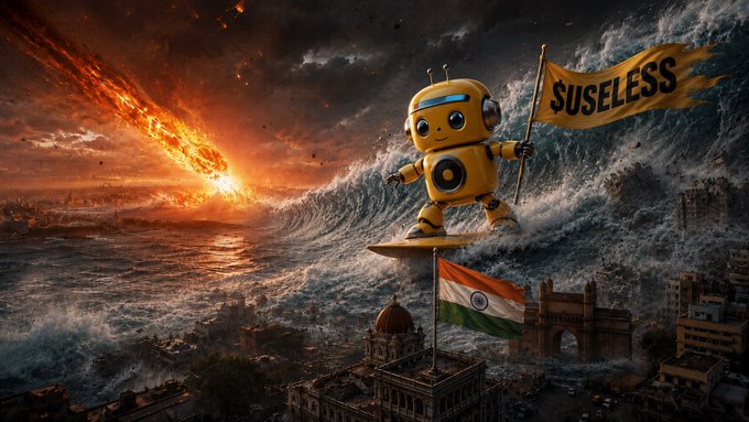 A dramatic digital artwork featuring a yellow robot character surfing on a surfboard atop a massive tidal wave crashing over a city with an Indian flag, holding a yellow flag that reads '$USELESS', with a fiery meteor streaking across the apocalyptic sky.