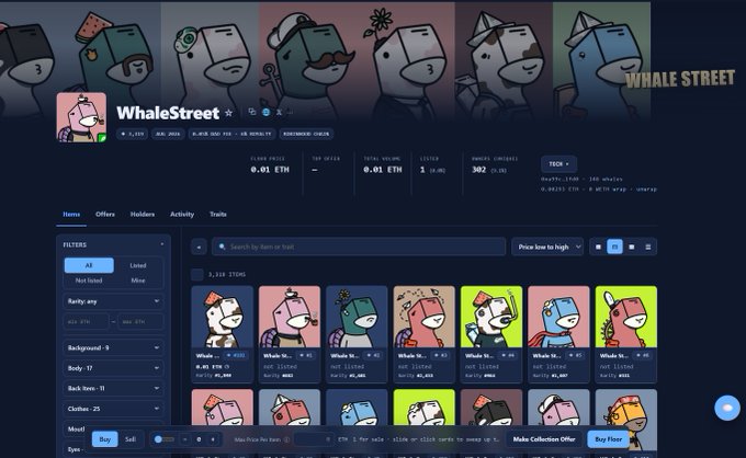 A screenshot of the 'WhaleStreet' NFT marketplace showing a collection of cartoon whale-themed digital assets, with a floor price of 0.01 ETH, total volume of 302 ETH, and listed items at the bottom.