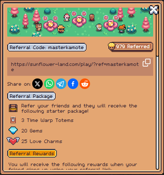 A pixel-art game referral screen from 'Sunflower Land' showing a Referral Code 'masterkamote' with 979 Referred, offering rewards including '3 Time Warp Totems', '20 Gems', and '25 Love Charms'.