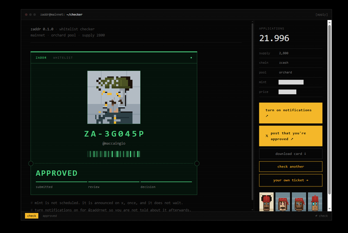 A screenshot of a Zora NFT whitelist checker tool showing a 'ZA-3G045P' token approved with a pixel-art character avatar and supply of 2,500 on the mainnet orchard pool.