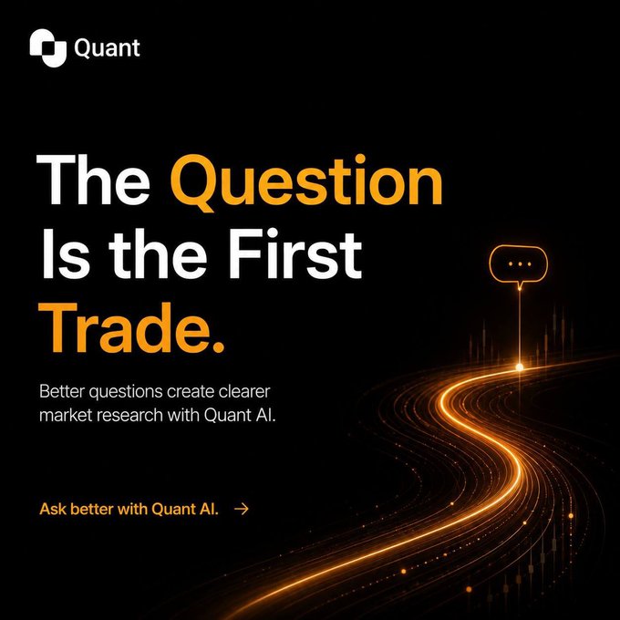 A sleek black advertisement for Quant AI featuring the headline "The Question Is the First Trade," accompanied by glowing orange light trails curving toward a chat bubble icon and the tagline "Better questions create clearer market research with Quant AI."

The image visually reinforces the post's message by framing thoughtful questioning as the essential first step in trading—pairing the road-like light trails (symbolizing the trading journey) with a speech bubble (representing inquiry) to suggest that better questions lead to better market outcomes.