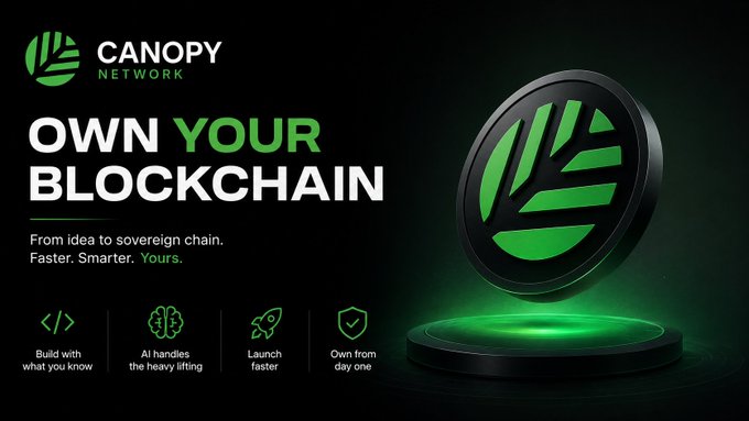 Advertisement for Canopy Network with the tagline 'OWN YOUR BLOCKCHAIN' and the subtitle 'From idea to sovereign chain. Faster. Smarter. Yours.', featuring features like 'Build with what you know' and 'AI handles the heavy lifting'.