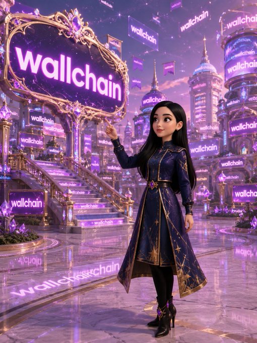 The image features a woman dressed in a blue dress standing next to a sign that says "Wallchain" with purple letters, surrounded by buildings and other signs. The woman appears to be holding up her hand as if she's pointing at something or making a gesture related to the content displayed on the sign. The overall scene suggests an attempt to create a unique way of measuring content value and user activity using different metrics than conventional systems.