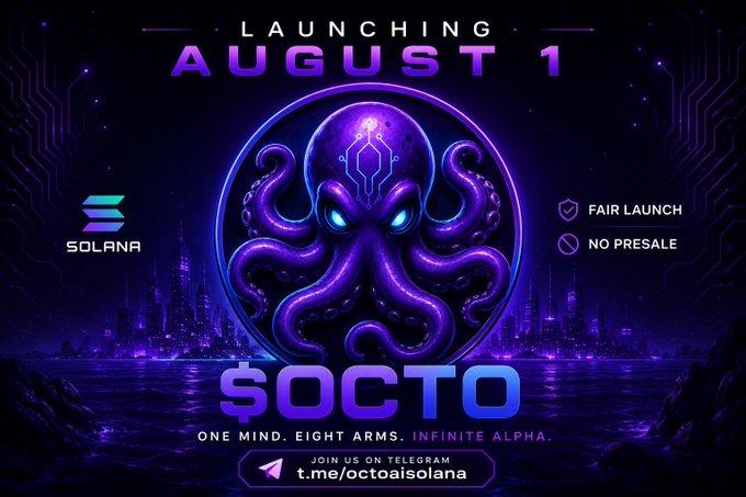 A promotional graphic for the OctoAI ($OCTO) token launch on August 1, featuring a purple neon-lit octopus with circuit board details on its head against a futuristic Solana-themed cityscape, with text highlighting "Fair Launch" and "No Presale" alongside the Telegram link t.me/octoaisolana. The tagline "One Mind. Eight Arms. Infinite Alpha." reinforces the project's branding shown in the accompanying post.