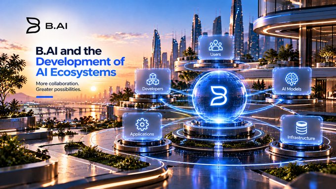 A promotional graphic for 'B.AI and the Development of AI Ecosystems' showing a futuristic cityscape with floating icons for Users, Developers, AI Models, Applications, and Infrastructure.