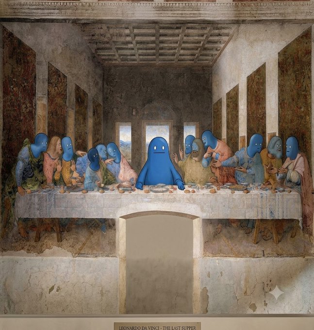 A creative edit of Leonardo da Vinci's "The Last Supper" painting where the figures around the table have been replaced with blue blob-like characters, with the title "LEONARDO DA VINCI - THE LAST SUPPER" visible at the bottom.