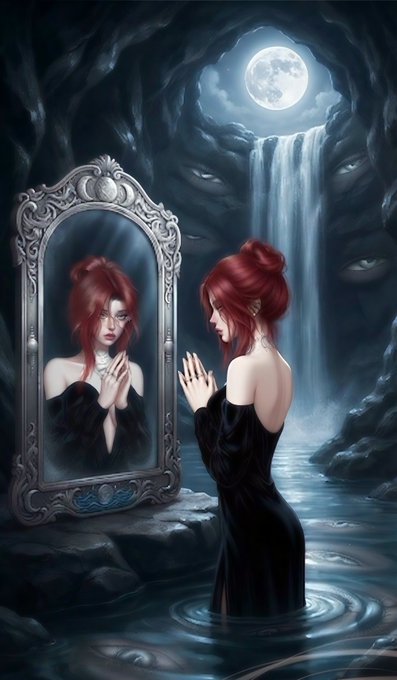 A fantasy digital illustration of a red-haired woman in a black dress standing in shallow water, gazing at her reflection in an ornate silver mirror, with a waterfall, moon, and shadowy eyes in the background.