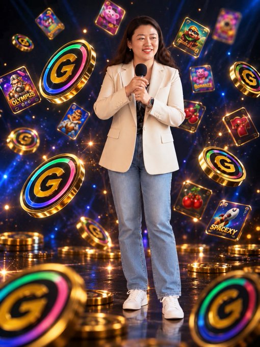 A woman in a white blazer and jeans stands confidently with a microphone, surrounded by floating gold "G" coin tokens and colorful game icons like Olympus, Bonanza, and Space XY, promoting the $G utility coin as the future of Web3 gaming.