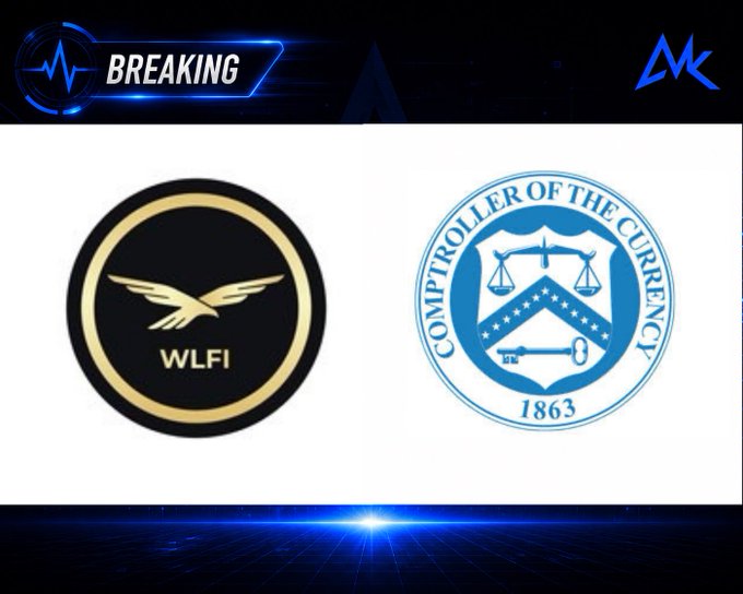 Breaking news graphic displaying the WLFI logo (black circle with a gold eagle and 'WLFI' text) alongside the Comptroller of the Currency seal (blue circular emblem with scales and shield, dated 1863), set against a dark blue background with a 'BREAKING' banner.