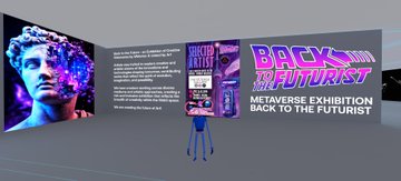 A screenshot of a virtual 'Back to the Futurist' Metaverse Exhibition, featuring Michelangelo's David statue on a digital gallery wall.