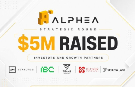 The image is a promotional graphic for Alphea Network announcing that they have raised $5 million in a Strategic Round, with the tagline "Investors and Growth Partners" displayed below. The headline "$5M RAISED" is featured prominently in large black text with an orange dollar sign. Along the bottom, logos of participating investors and partners are shown, including M Ventures, IBC Group, Titans Ventures, Becker Ventures, and Yellow Labs, set against a clean white and gray background with orange accent dots. The image visually reinforces the accompanying post's announcement about Alphea Network's funding success, aligning with the post's celebration of the project securing $5 million from various investors for their decentralized cloud infrastructure initiative blending AI and DePIN technologies.