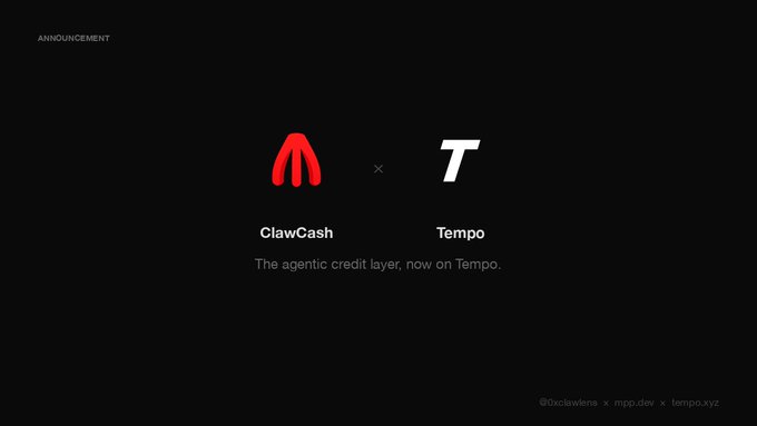 The image features a black background with white text that reads "Claw Cash now supports MPP on @tempo". This message suggests that Claw Cash has recently introduced a new payment system, allowing agents to access MPP services directly from their accounts without the need for a credit card or other forms of payment. The post also mentions that this payment system is fast and convenient, enabling agents to quickly complete transactions with MPP services on Tempo.