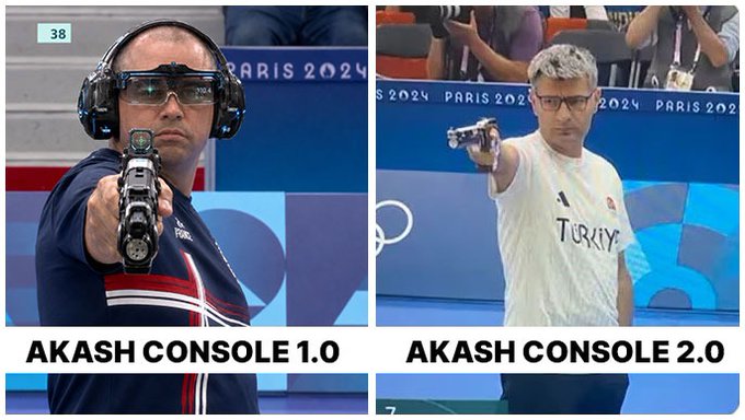 A side-by-side meme comparing two Paris 2024 Olympic shooters, labeled 'AKASH CONSOLE 1.0' (France) and 'AKASH CONSOLE 2.0' (Turkey), referencing the Turkish shooter's viral resemblance to the French one.