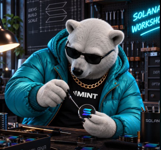 An AI-generated image of a polar bear wearing sunglasses, a gold chain, and a teal puffer jacket, working on a Solana coin in a workshop with a 'SOLANA WORKSHOP' neon sign.