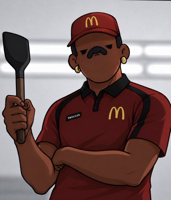 A cartoon illustration of a McDonald's employee wearing a red uniform and cap, holding a spatula with a name tag that reads 'Detroit'.