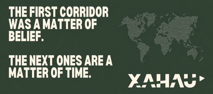 A dark green graphic with white text reading 'THE FIRST CORRIDOR WAS A MATTER OF BELIEF. THE NEXT ONES ARE A MATTER OF TIME.' next to a dotted world map and the 'XANA' logo.