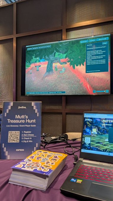 An event setup features a large screen showing a video game, a laptop displaying the same game titled 'Mutt's', a sign reading 'Mutt's Treasure Hunt Live Giveaway / Event Player Guide' with instructions, and stacks of sticker-covered books on a purple tablecloth.