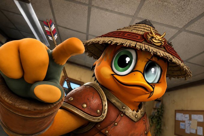 A 3D-rendered cartoon character that appears to be a chick/bird hybrid with a single eye wearing a samurai straw hat and leather armor points its finger toward the camera.