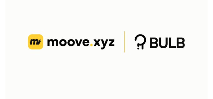 The image features a logo for two companies, Moove.xyz and Bulb, which are collaborating on an innovative project. The Moove.xyz logo has a yellow background with black text that reads "Moove.xyz", while the Bulb logo is in black against a white background with the word "Bulb" written in all capital letters. The image also includes a caption below the logos, stating that they are working on expanding their social media presence beyond traditional channels and that they believe this collaboration will be worth paying attention to.