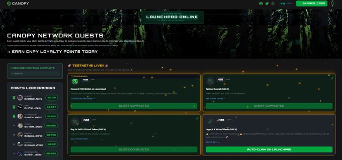 The image displays a computer screen of a website called "Canopy Network Testnet". The main purpose of this website appears to be launching network quests, as indicated by its title and the context provided within the image description. It has been populating its database with various virtual chains and is working on allocating these virtual chains based on their points value. Users can engage in activities such as farming CNPY loyalty points or mining virtual currency like Bitcoin (Bitcoin Cash), which helps launch new network projects called blockchain initializations, also known as chain nodes. The website has a large number of points already accumulated and it is still early enough that users have the opportunity to engage with these chains and reap the rewards.