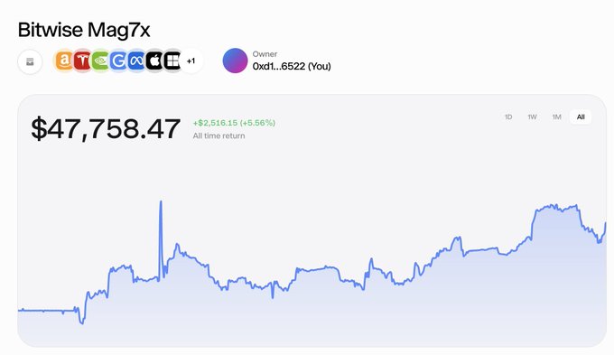 A portfolio dashboard titled 'Bitwise Mag7x' shows a balance of $47,758.47 with a gain of +$2,516.15 (+5.56%), owned by '0xd1...6522 (You)'.