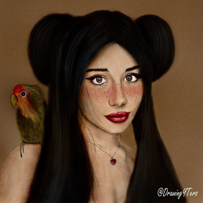 A digital illustration of a woman with dark hair in double buns, freckles, and a heart necklace, with a small green and orange parrot perched on her shoulder, watermarked '@Drawing4Ters'.