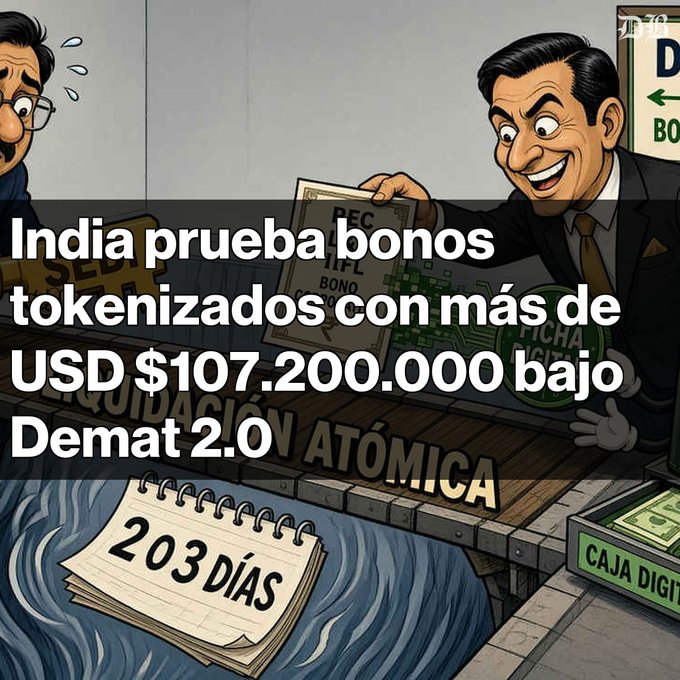 A cartoon illustration depicts a man in a suit presenting tokens, with Spanish text reading 'India prueba bonos tokenizados con más de USD $107.200.000 bajo Demat 2.0' overlaid.
