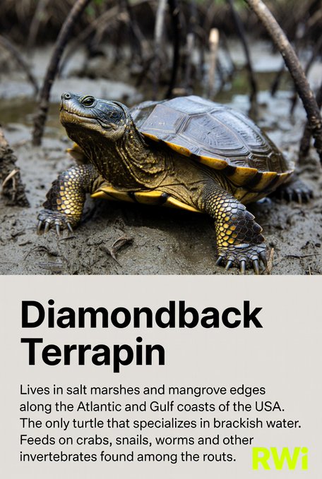 An informational graphic featuring a photo of a Diamondback Terrapin turtle, with text describing its habitat in salt marshes and mangrove edges along the Atlantic and Gulf coasts, feeding on crabs, snails, and worms, with 'RWI' branded in the corner.