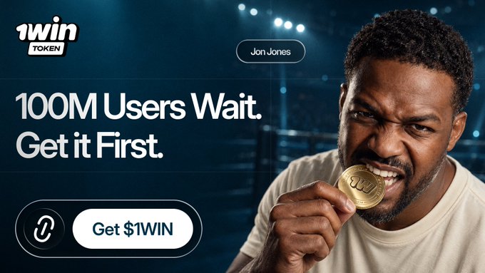 An advertisement for '1win Token' featuring Jon Jones biting a coin, with the text '100M Users Wait. Get it First.' and a 'Get $1WIN' button.