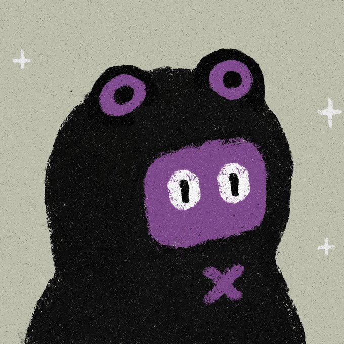 A stylized illustration of a black frog-like creature with purple eyes and a purple snout featuring two white slit pupils, set against a muted gray-green background with small star accents and a purple 'x' mark below its face.