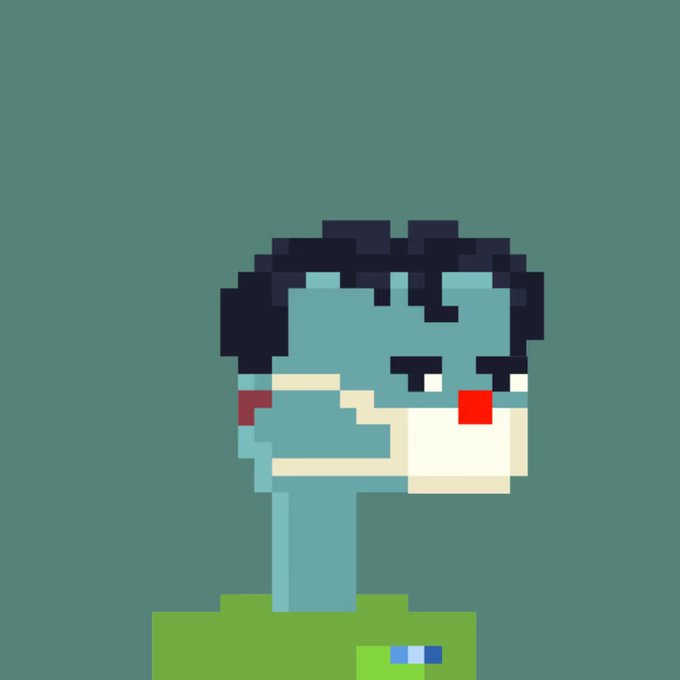 A pixel art character with a light blue face, dark spiky hair, and a red nose stands against a teal background.
