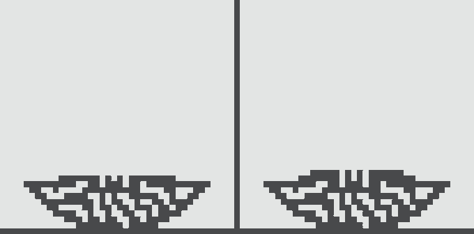 A pixel art animation frame showing two identical dark gray bat-like creatures separated by a vertical line on a light gray background.