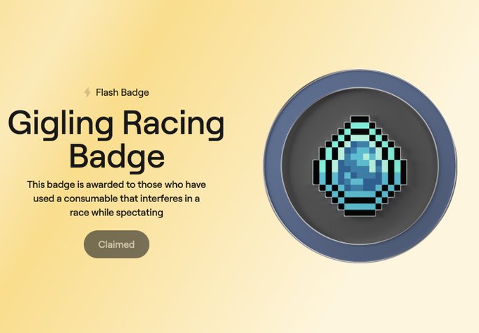 A "Gigling Racing Badge" notification showing a blue circular badge with a pixelated blue racing item, marked as "Claimed" and earned by using a consumable during a live race.