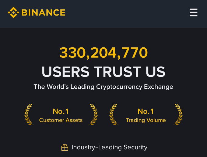 The Binance website homepage claiming '330,204,770 USERS TRUST US' as 'The World's Leading Cryptocurrency Exchange,' ranked No. 1 for Customer Assets and Trading Volume.