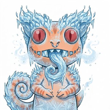 A stylized illustration depicts an orange creature with blue ice-like horns and fur accents, featuring large red eyes and a swirling ice breath effect coming from its mouth.