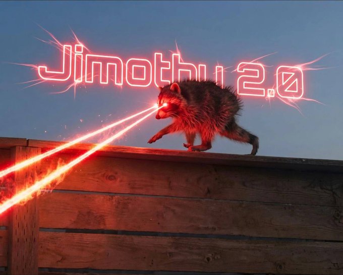 A small furry creature on a wooden fence emits red laser beams from its eyes beneath a glowing neon sign reading "Jimothi 2.0".