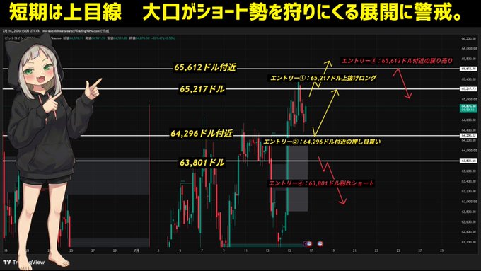 The image shows a TradingView BTC/USD chart with an anime-style character pointing to it, displaying price levels (65,612, 65,217, 64,296, 63,801 USD) and three labeled entries—a short entry at 65,612, a long entry at 65,217, and a short entry at 64,296 with a stop-loss at 63,801—illustrating the post's warning about the dangers of shorting Bitcoin during a potential whale short squeeze.