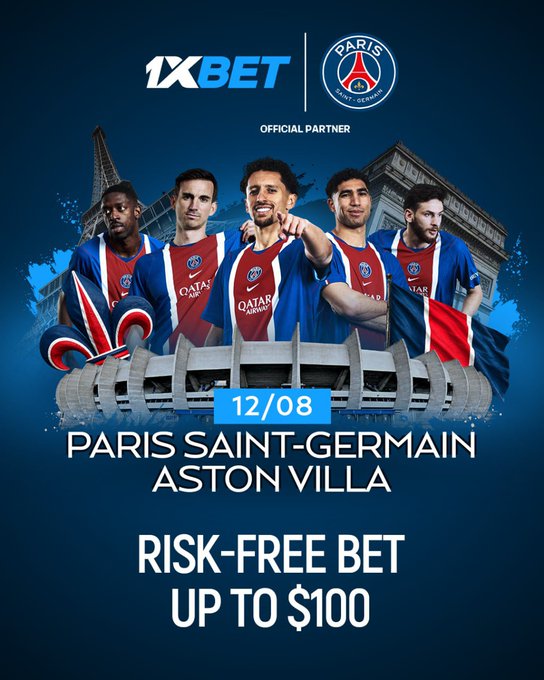 Promotional image showing 1XBET as Official Partner of Paris Saint-Germain, advertising a "RISK-FREE BET UP TO $100" for the Paris Saint-Germain vs Aston Villa match on 12/08. The image features five PSG players in their red and blue kits, but the giveaway post claims a $100 prize unrelated to the advertised betting promotion shown.
