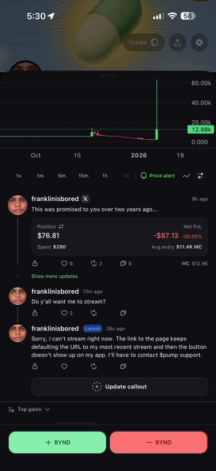 A screenshot of a mobile crypto trading app showing a price chart with a peak at 12.88x and a post from "franklinisbored" mentioning being promised a stream two years ago.