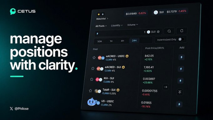A promotional image for Cetus showing 'manage positions with clarity' alongside a dashboard displaying crypto pairs like SUI/USDC with various pool metrics.
