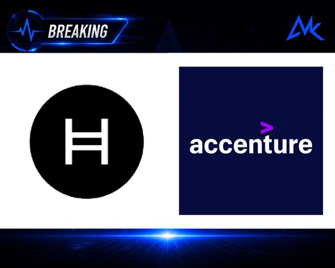 A breaking news graphic displays the Hedera (HBAR) and Accenture logos side by side, illustrating the partnership where Accenture's AI governance solution leverages Hedera's Consensus Service to record and verify AI agent decisions for government agencies.