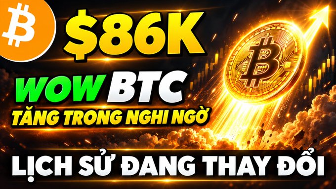 A graphic about Bitcoin with text reading '$86K', 'WOW BTC', 'TĂNG TRONG NGHỊ NGỜ', and 'LỊCH SỬ ĐANG THAY ĐỔI' alongside a rising Bitcoin coin.