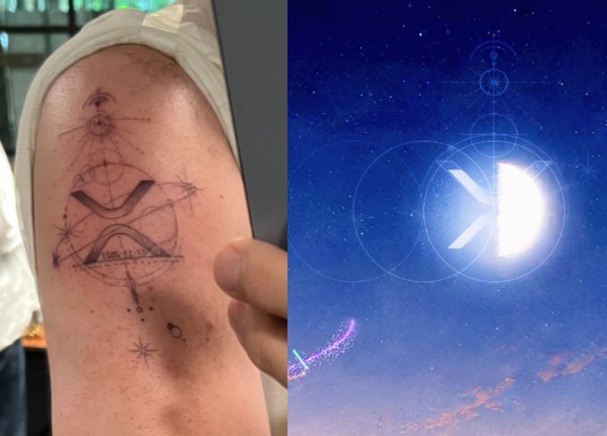 A side-by-side image showing a celestial-themed tattoo on someone's upper arm on the left, featuring geometric designs including an eye, a triangle, and a winged emblem, paired on the right with a night sky photograph displaying the crescent moon and a colorful streak of light, possibly a SpaceX rocket launch.