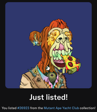 A notification reads 'Just listed! You listed #26923 from the Mutant Ape Yacht Club collection!' alongside a cartoon mutant ape eating pizza.