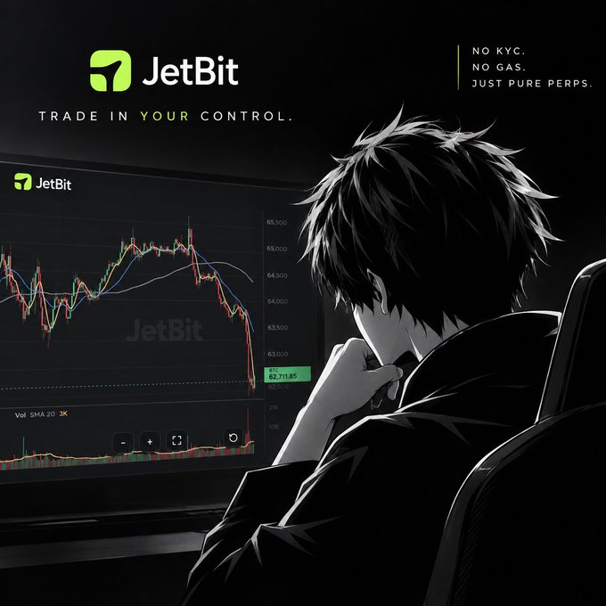 The image shows a JetBit promotional graphic featuring an anime-style character viewed from behind, watching a BTC trading chart on a monitor with the current price displayed at $62,711.85, alongside the tagline "Trade in your control" and "No KYC. No Gas. Just Pure Perps."

The image aligns with the post's message by showcasing JetBit's perp DEX, emphasizing how the platform challenges traditional crypto exchange structures by removing friction points like KYC and gas fees, illustrating that innovation in crypto can come from rethinking existing trading infrastructure rather than only launching new assets.