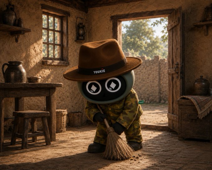 A cartoon character wearing a brown cowboy hat labeled "YOUKIE", a camo outfit, and digital eyes holds a broom in a rustic adobe room, sweeping the dirt floor.