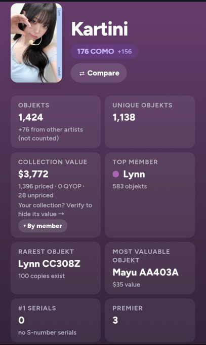 A screenshot from wavbase.app showing collection statistics for user "Kartini," featuring 1,424 objects (+76 from other artists), a collection value of $3,772, top member "Lynn" with 583 objects, rarest object "Lynn CC308Z" with 100 copies, most valuable object "Mayu AA403A" at $35 value, and 3 premier items—aligning with the post's praise for the site's impressive collection stats.