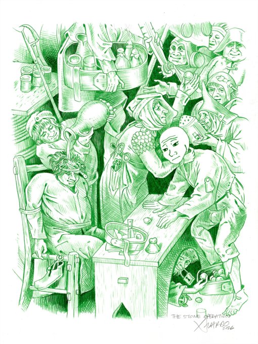 A detailed green ink drawing depicting a busy scene with multiple people, including figures undergoing hair-related treatments, with handwritten text reading 'The Stone Oracle -Cut #1- 24' in the bottom right corner.