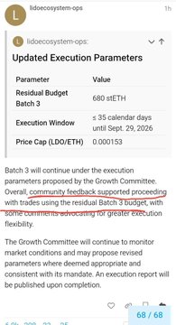 A social media post by @lidecosystem-ops titled 'Updated Execution Parameters' detailing a table with values including 'Residual Budget 680 stETH', 'Batch 3', 'Execution Window ≤ 35 calendar days until Sept. 29, 2026', and 'Price Cap (LDO/ETH) 0.000153'.